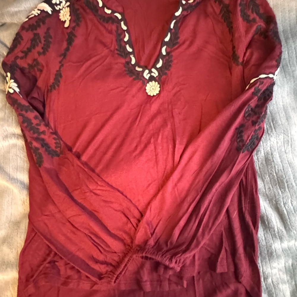 LUCKY BRAND Burgundy Embroidered Top